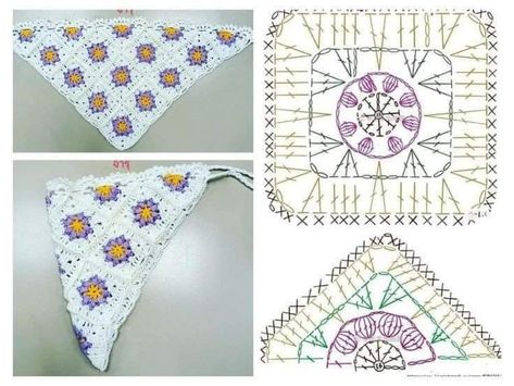 Crochet Bandana Pattern Free Diagram, Crochet Granny Triangle, Crochet Bandanas, Projek Mengait, Granny Triangle, Crochet Bandana, Crochet Symbols, Crochet Motif Patterns, Crochet Headband Pattern