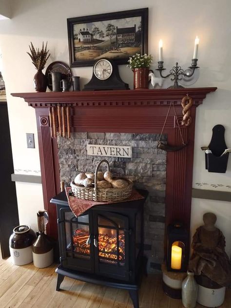 Wood Stove With Mantle Behind, Corner Woodstove Mantel Decorating Ideas, Primitive Fireplace Mantle Decor, Faux Hearth For Electric Fireplace, Primitive Electric Fireplace, Unused Fireplace Ideas, Fake Fireplace Diy, Fake Fireplace Ideas, Primitive Fireplace Bedroom