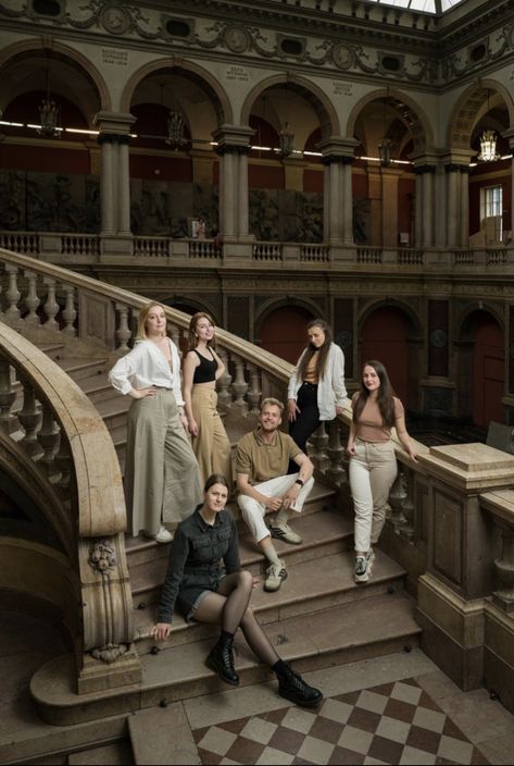 Group Photos Professional, Formal Group Photoshoot Ideas, Staircase Group Photoshoot, Group Formal Photos, Vintage Group Photoshoot, Formal Group Photos, Group Fashion Photography, Ruins Photoshoot, Stairwell Photoshoot