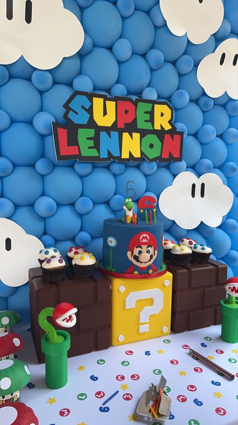 Mario themed birthday party Super Mario 4th Birthday Party, Mario Themed Birthday Party Decoration, Mario Theme Birthday Party, Mario 3rd Birthday Party, Mario 4th Birthday Party, Mario Bday Party Ideas, Super Mario Birthday Party Food, Mario And Luigi Birthday Party, 7th Birthday Party For Boys