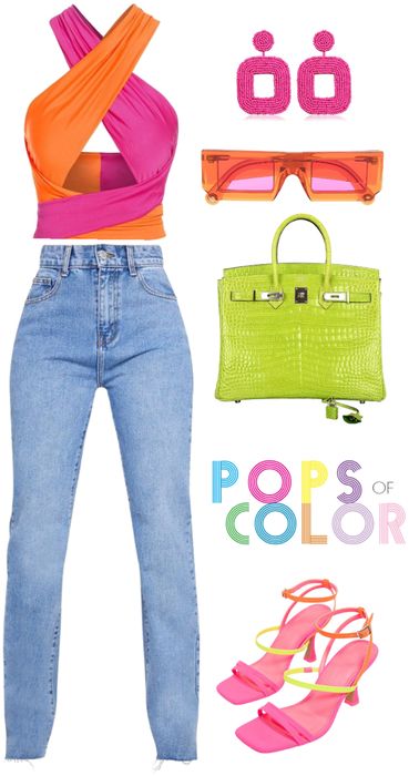 Polyvore Colorful Outfit, Neon Summer Outfits, Summer Outfits Bright Colors, Neon Colors Outfits, Bright Colour Outfit, Neon Outfit Ideas, Bright Colored Outfits, Hot Summer Outfits, Color Outfits