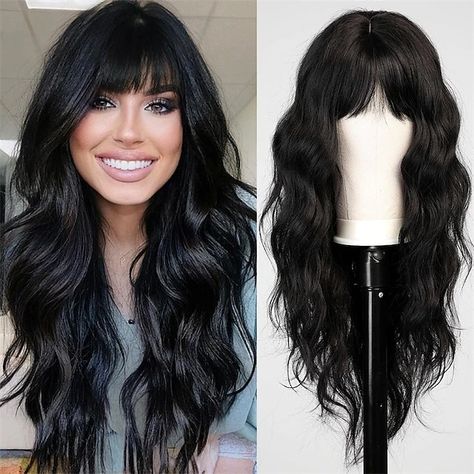 Black Wig with Bangs for Women Long Wavy Hair Wig Black Wig Curly Wavy Synthetic Wigs for Girls Daily Party Use 2024 - $22.99 Natural Bangs, Black Wig With Bangs, Bangs For Women, Wig Curly, Natural Wigs, Long Brown Hair, Long Hair With Bangs, Wig With Bangs, Black Wig