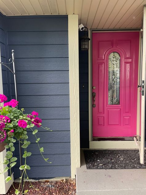 Bright Painted Front Doors, Razzle Dazzle Benjamin Moore, Benjamin Moore Pink, Napa House, Dark Grey Houses, Navy Blue Houses, Pretty Doors, Pink Doors, Diy Dream Home