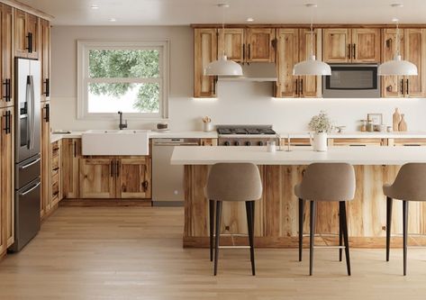 Are Hickory Cabinets Making a Comeback? - RTA Cabinet Blog Stained Hickory Kitchen Cabinets, Natural Hickory Kitchen Cabinets, Hickory Cabinets Kitchen, Stained Hickory Cabinets, Natural Hickory Cabinets, Rustic Hickory Kitchen, Birch Kitchen Cabinets, Hickory Kitchen Cabinets, Hickory Kitchen