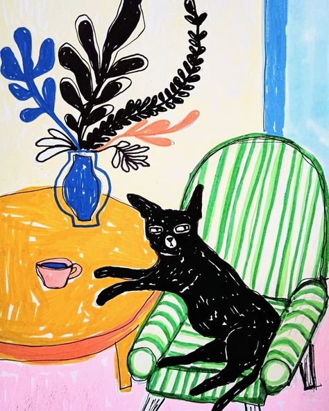 🌼☕🐈‍⬛ A follower told me that my art style reminds her of Matisse. With this one I might see what she means 🤔 . Illustrative sketch made with poscapens. Coffee Art, Matisse Cat, Sunday Morning Coffee, Coffee Art Print, Coffee Cat, Coffee Illustration, Coffee Print, Art Journal Inspiration, Cat Print