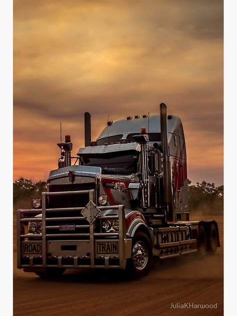 "Prime Mover Kenworth truck at Sunset" Poster by JuliaKHarwood #Aff , #AFF, #Kenworth, #Mover, #Prime, #truck Landcruiser Ute, Full Windsor Knot, Dinosaur Origami, Tractor Trailer Truck, Sunset Poster, Monster Truck Party, Truck Transport, Vintage Pickup Trucks, Road Train