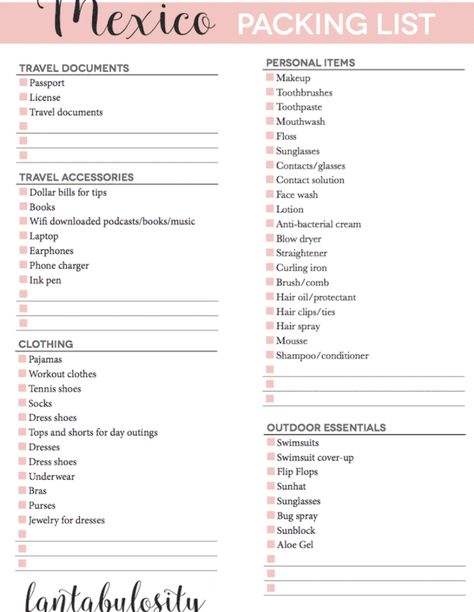 Packing list for Mexico: free printable! Perfect for cancun, riviera maya, outfits planning, and what to bring! Packing List For Mexico, Cancun Packing List, Riveria Maya Mexico, Cancun Honeymoon, Mexico Packing List, Honeymoon Packing List, Honeymoon Packing, Contact Solution, Cancun Vacation