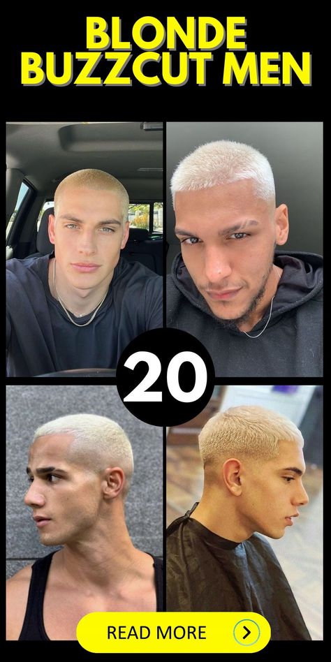 The aesthetic appeal of blonde buzzcut men with a bleach-blonde finish and a fade is undeniable. Ideal for those with tan skin, the look can range from a natural low fade to a more dramatic skinfade, often paired with a messy beard for an added rugged charm. This hairstyle not only highlights the individual's features, like blue eyes or a well-defined jawline but also complements any outfit, from casual to more textured and colored ensembles. Mens Fade Buzzcut, Bleach Blonde Men, Blonde Skin Fade, Buzzcut Men Blonde, Messy Buzzcut Men, Textured Buzzcut Men, Blonde Buzz Cut Men, Bleach Buzzcut Men, Modern Buzzcut Men