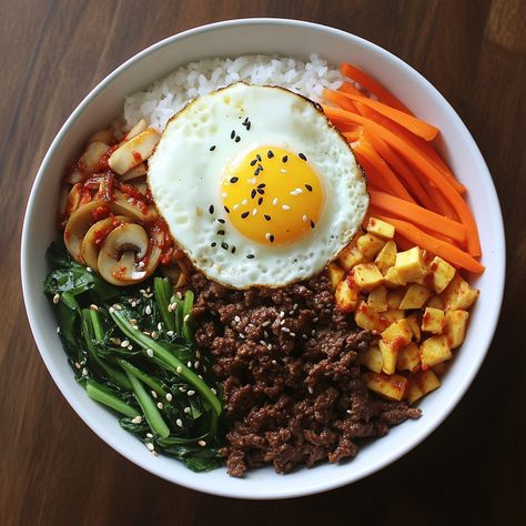 🍚 "Spicy Korean Beef Bibimbap is a vibrant, flavorful meal that's sure to satisfy with its perfect blend of spicy and savory!" 🍚🌶️ #Bibimbap #KoreanCuisine Spicy Korean Beef Bibimbap Ingredients: Ground beef (1 lb) Gochujang (3 tbsp) Soy sauce (2 tbsp) Garlic (3 cloves, minced) Sesame oil (1 tbsp) Cooked rice (2 cups) Assorted vegetables (e.g., spinach, carrots, mushrooms, 1 cup each, cooked) Egg (1, fried) Instructions: Cook ground beef with gochujang, soy sauce, garlic, and sesame oil u... Bibimbap Aesthetic, Beef Bibimbap Recipe, Korean Beef Bibimbap, Beef Bibimbap, Spicy Korean Beef, Korean Night, Korean Meals, Korean Bowl, Korean Bibimbap