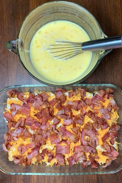 Egg and milk mixture in mixing bowl next to bacon, cheese and bread cube mixture in casserole dish. Bacon Egg And Cheese Casserole, Bacon Breakfast Casserole, Bacon Casserole Recipes, Breakfast Casserole With Bread, Baked Breakfast Casserole, Cheese And Bread, Bacon Egg Cheese, Bacon Casserole, Breakfast Casserole Bacon