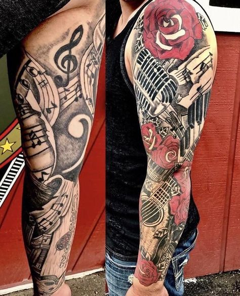 Exile Tattoo, Music Sleeve, Voll Arm-tattoos, Black Sleeve Tattoo, Music Tattoo Sleeves, Tattoo Music, Kunst Tattoos, Full Sleeve Tattoo Design, Music Tattoo Designs