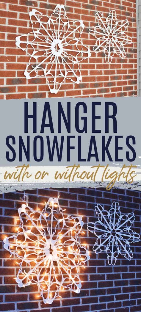 Decorate your front porch with easy DIY hanger snowflakes. Add lights or leave plain for fun outdoor winter decorations. Natal, Outdoor Winter Decorations, Hanger Snowflakes, Easy Outdoor Christmas Decorations, Diy Snowflake Decorations, Hanger Snowflake, Diy Christmas Yard Decorations, Diy Hanger, Xmas Decorations Outdoor