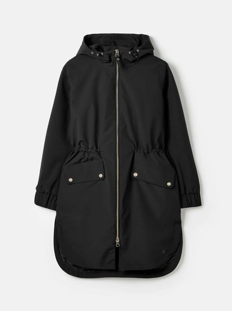 JOULES Elmfield Black Long Waterproof Raincoat With Hood UK18 BNWT RRP£129 Black Rain Coat, Raincoat With Hood, Black Rain, Wax Jackets, Hooded Raincoat, Bungee Cord, Rain Coat, Great British, Black Coat