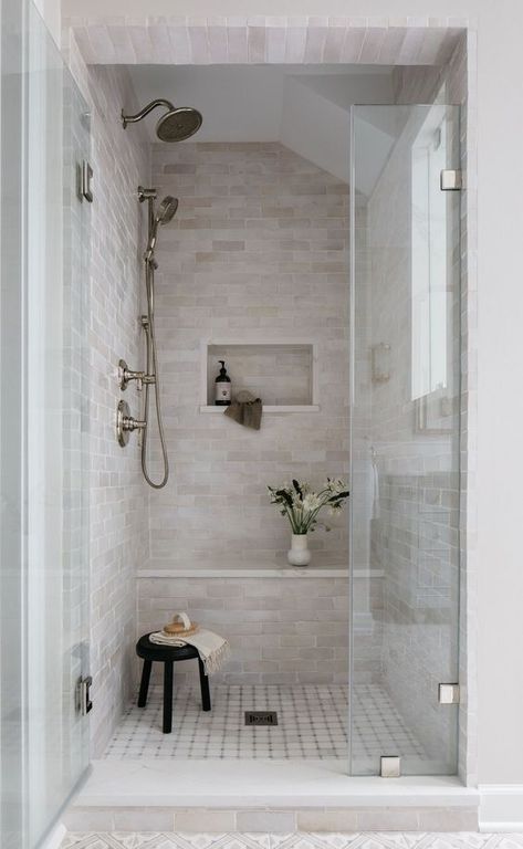 Top 7 Bathroom Shower Trends for 2024 - Nikki's Plate Bathroom Shower Tile Ideas Cream, Powder Blue Master Bath, Riverstone Tile Bathroom, Cultured Marble Shower Walls Master Bath, Light Shower Tile, Small Shower Bathroom Ideas, Small Stand Up Shower Ideas, Rectangle Bathroom Layout, Small Hexagon Tile Bathroom