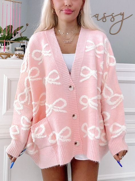 Bow My Way Pink Bow Cardigan | sassyshortcake.com | Sassy Shortcake Winter Clothes Fashion, Sparkle Romper, Sassy Shortcake, Bow Cardigan, Patriotic Dresses, Loose Knit Sweaters, Pink Cardigan, Shoe Gifts, Oversized Cardigan