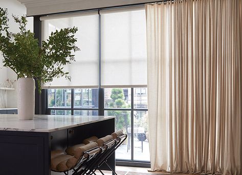 Ripplefold Drapery, Material: Sunbrella Ventana Collection Vitela, Color: Heather Beige; Solar Shades, Material: Sunbrella Solar Collection 5% Solistico, Color: Oatmeal Ripple Fold Drapes, Neutral Drapes, Custom Curtains Drapery, Gallery Window, Ripplefold Draperies, Modern Window Treatments, Drapery Styles, The Shade Store, Shade Store