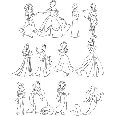 Princess Line Drawings Disney Princesses Tattoo, Line Art Disney, Princesses Tattoo, Disney Princess Outline, Mulan Tattoo, Cinderella Tattoo, Jasmine Tattoo, Belle Tattoo, Tattoo Disney