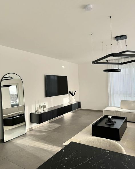 Room Inspo Modern Minimalist, Home Interior Black And White, Black White Home Interior, Minimalist And Modern Living Room, Black And White House Decor Living Room, Modern Home Decor Black And White, White House Black Furniture, Black And White Monochrome Living Room, Modern Living Room Ideas Black And White