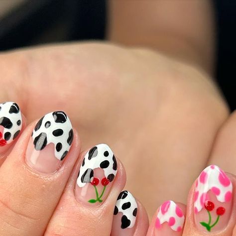 R E B E K A | nail tech on Instagram: "It’s giving cowgirl chic ✨🍒 • • • • Perfect prep thanks to @ericasata ✨affiliate code - REBEKA10 or link in bio ✨ • • #nailedbyrebeka #nailart #naildesign #pittsburghnails #nailartist #handpainted #luminarynailsystems #drymani #structuredmanicure #ericasata #naturalnails #cowprint #cowprintnails #cherrynails #cowgirl" Spring Cow Print Nails, Farm Animal Nails Designs, Cowprint Nail Design, Farm Animal Nails, Cowgirl Nails Designs, Cowgirl Nails, Nail Tek, Cow Nails, Cute Simple Nails