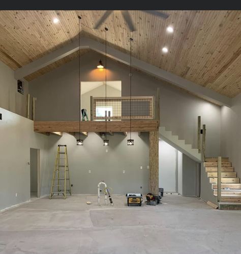 Outside Building Design, Garage Loft Bunkhouse, Shopdominium Interior, Shop House Decor, Pole Barn With Apartment, Pull Barn House, Barndominium Loft, Garage Loft Ideas, Shop House Interior