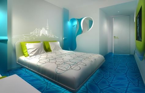 Cyberpunk House Interior, Fruitger Aero, Cyberpunk House, Modern Design Ideas, Frutiger Aero, Karim Rashid, Leather Bed, Traditional Bedroom, Retro Futurism