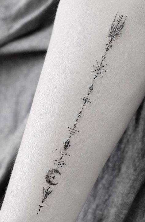 Celestial Arrow Tattoo, Arrow Mountain Tattoo, Boho Arrow Tattoos For Women, Arrow Tattoos For Women, Boho Tattoos, Small Wrist Tattoos, Tatuaje A Color, Arrow Tattoo, Arrow Tattoos