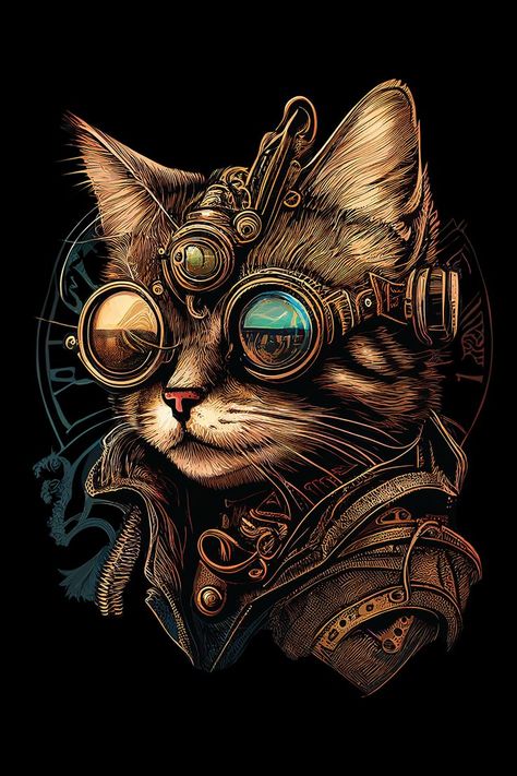 A detailed illustration of a steampunk cat with hat and goggles Cat With Hat, Steampunk Mixed Media Art, Punk Cat, Punk Cats, Steampunk Illustration, Steampunk Vehicle, Steampunk Animals, Steampunk Mixed Media, Steampunk Cat