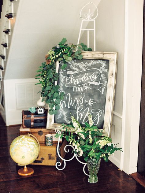 "traveling from miss to mrs" travel bridal shower welcome sign chalkboard, Adventure Themed Bridal Shower, Travel Theme Party Destination Wedding Bridal Shower Ideas, Wedding Bridal Shower Ideas, Traveling From Miss To Mrs, Paris Bridal Shower Theme, Travel Theme Bridal Shower, Travel Bridal Showers, Shower Quotes, Travel Party Theme, Bridal Shower Activities