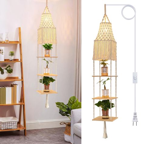 PRICES MAY VARY. 【Unique design】This boho hanging plant shelf with 3 tiers hanging ceiling floating shelves and handwoven macrame lamp shade,not only provides illumination,and will bring a bohemian atmosphere to your room and beauty your space. 【High Quality】 This Sturdy wood hanging plant stand is made from 4mm cotton rope and 3/5 inch thick solid wood in a natural clear-painted finish that is waterproof and easy to wipe clean.Macrame shelf great for arranging your favorite small objects like y Macrame Plant Hanger Shelf, Bohemian Decor Bedroom, Boho Shelf, Corner Living Room, Float Shelf, Window Plant Shelf, Macrame Lamp Shade, Macrame Shelf, Window Plants