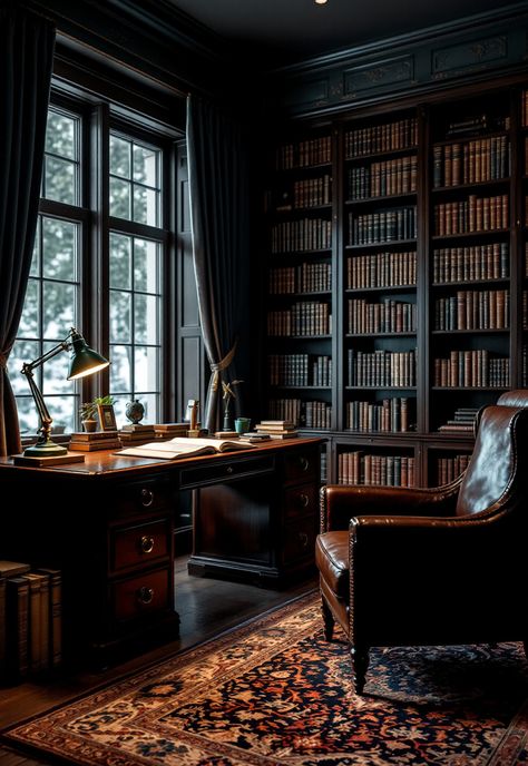 Dark Academia Decor Dark Office Library, Office Decor Dark Academia, Old Dark Aesthetic, Dark Academia Stairs, Dark Academia Decor Office, Dark Wood Office Desk, Study Academia Aesthetic, Home Library Dark Academia, Dark Brown Library