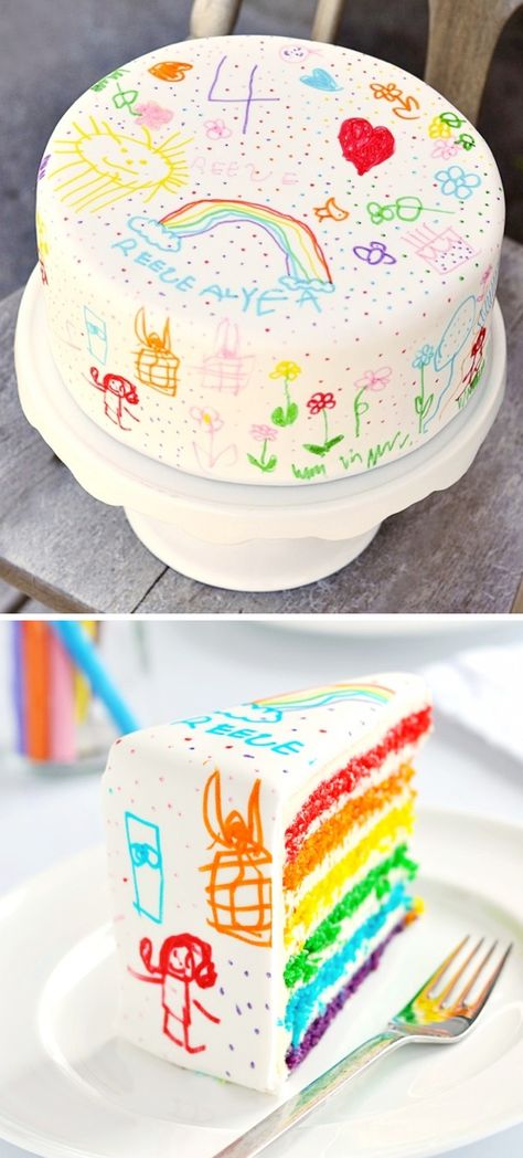 Doodle Cake!! Let the kids decroate it with food decorating pens. Easy Cakes For Kids, Lobster Cake, Edible Markers, Doodle Cake, Rainbow Layer Cakes, Pool Cake, Monster Cake, Lego Cake, Kids Cakes