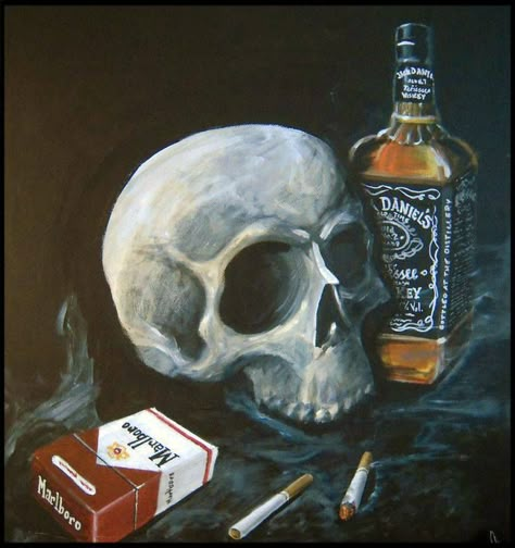 Wow ,,the 2 best things to die from,sigs and jack!!! Vanitas Paintings, Skull Love, Skulls And Bones, Momento Mori, Skull Painting, Still Life Drawing, Still Life Art, Jack Daniels, Skull And Bones