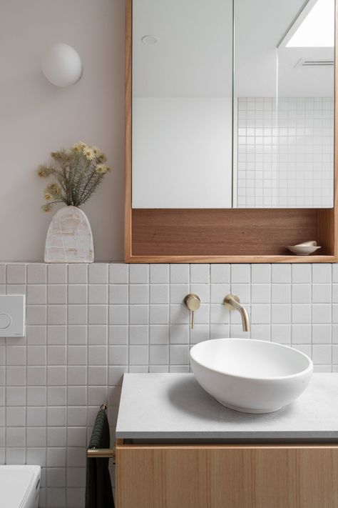 Tasmanian Timber | Crafting modern charm in heritage spaces, Studio Ilk’s latest projects epitomise timeless design Oak Shelf Bathroom, Timeless Small Bathroom, Bathroom 2024, Beach Style Bathroom, Oak Bathroom, Tasmanian Oak, Bad Inspiration, Small Tiles, Bedroom Closet Design