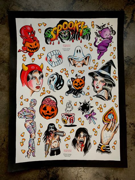 Traditional Halloween inspired tattoo designs American Traditional Halloween Flash, Trad Halloween Tattoo, Flash Tattoo Designs Traditional, Halloween Tattoos Flash, Halloween Flash Sheet Tattoo, Traditional Tattoos Halloween, Flash Halloween Tattoo, Vintage Halloween Tattoo Flash, American Traditional Halloween Tattoo