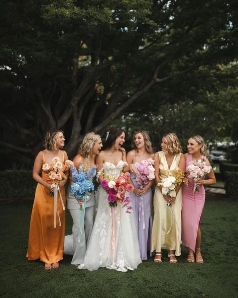 Rainbow Bridesmaids, Pastel Bridesmaids, Wildflower Wedding Theme, Spring Bridesmaid Dresses, Summer Bridesmaids, Pastel Bridesmaid Dresses, Bridesmaid Colors, Mismatched Bridesmaid Dresses, Pink Wedding Dresses