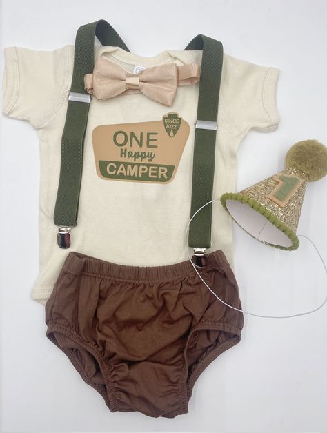 One happy Camper ,One Birthday, baby boy Outfit 5 Piece Set  Brown Diaper Cover, cream  one design. olive suspender, tan  bowtie, and birthday hat. One Happy Camper First Birthday Diy, One Happy Camper Outfit, September First Birthday Boy, One Happy Camper Cake Smash, Boys One Year Birthday Theme, Happy Camper First Birthday Boy, One Happy Camper First Birthday Cake, 1 Happy Camper Birthday, Woodland First Birthday Boy