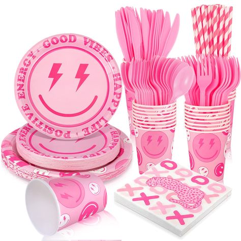 PRICES MAY VARY. Large Quantity and Good Combination: you will get 225 pieces of preppy party tableware set, including 50 disposable paper plates (25 pcs 7 inch plates, 25 pcs 9 inch plates), 25 smile face cups, 50 pink panther napkins, 25 forks, 25 knives, 25 spoons, and 25 straws, enough to serve 25 guests, easy to meet your party needs Preppy Theme Design: our party plates cups and napkin sets are mainly pink and white, printed with smiling face, panther and other patterns, and the design is Preppy Birthday Decorations, Preppy Party Decorations, Pink Birthday Party Decorations, 12th Birthday Party Ideas, Pink Party Theme, Birthday Sleepover Ideas, Preppy Birthday, Preppy Party, Girly Birthday Party