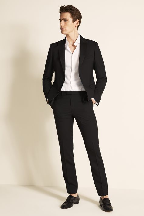 This DKNY Black tuxedo comes in a modern Slim Fit cut, it is the perfect suit for a smart occasion Men Suits Black And White, Black Suit Without Tie, Black And White Formal Outfit Men, Black And White Suit For Men, Black Suit No Tie, Black Suit With White Shirt, Suit Without Tie, Guy In A Suit, Black Tie Men