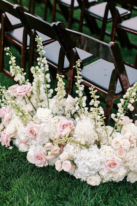 Dusty Pink And White Wedding, Wedding Aisle Flowers On Ground, Aisle Chair Flowers, Flower Walkway, Blush Spray Rose, Floral Hedge, Blush Wedding Ceremony, Wedding Ceremony Floral Arrangements, Delphinium White