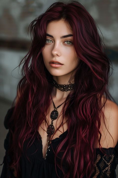 Burgundy Long Hair, Burgundy And Black Hair, Hair Colour Long Hair, Wavy Red Hair, Red Hair Color Ideas, Rich Burgundy, Burgundy Hair, Auburn Hair, Long Wavy Hair