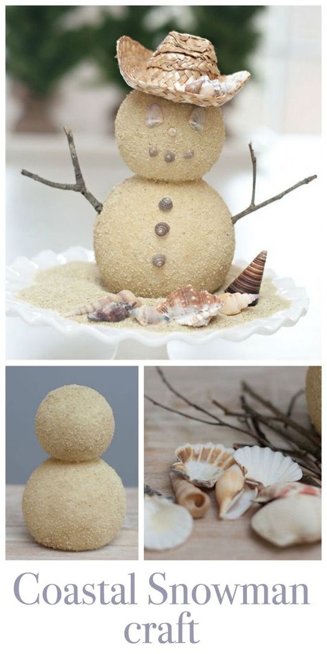 Cute and easy Snowman Craft - Beachy Style Coastal Snowman Diy, Snowman On The Beach, Christmas Beach Crafts Diy, Sea Shell Snowman, Tropical Holiday Decorations, Winter Beach House Decor, Beach Holiday Decor, Summer Christmas Crafts, Diy Tropical Christmas Decorations