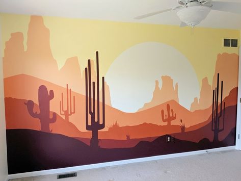 Desert mural - design adapted from vector illustration created by GraphicRiver user Lilu330. Valspar paint colors: Enlightenment, Sunglow, Tangerine Cream, Carrot Cake, Dark Palomino, Russet Red, Double Chocolate Landscape Mural Ideas, Landscape Mural Painting, Cinder Block Mural, Desert Painting Ideas, Desert Wall Painting, Western Wall Murals Painted, Unique Acrylic Painting Ideas, Ocean Wall Mural Painting, Desert Mural Nursery