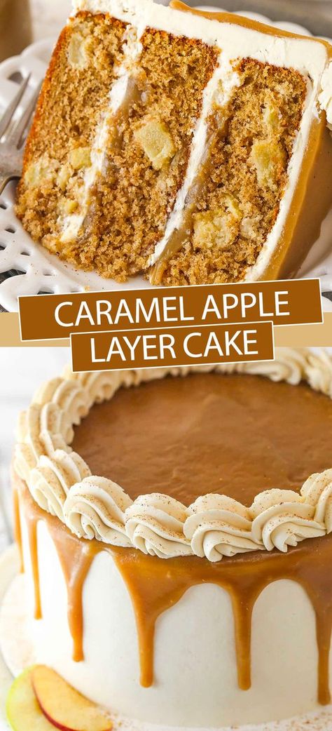 This Caramel Apple Layer Cake is made with layers of spiced cake that’s loaded with apples, a thick caramel filling and creamy caramel buttercream. It’s insanely delicious and perfect for fall! Caramel Cream Cheese Icing, Apple And Caramel Cake, Caramel Apple Birthday Cake, Caramel Apple Layer Cake, Apple Layer Cake Recipe, Best Fall Cake Recipes, Apple Cake With Caramel Frosting, Fall Layer Cake, Fall Cake Flavors And Fillings