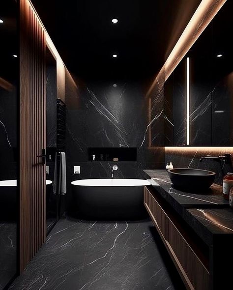 Moody Spa, Dark Bathroom Decor, Black Bathroom Paint, Dark Modern Bathroom, All Black Bathroom, Black Modern Bathroom, Black Marble Bathroom, Bathroom Interior Design Luxury, Black Tile Bathrooms