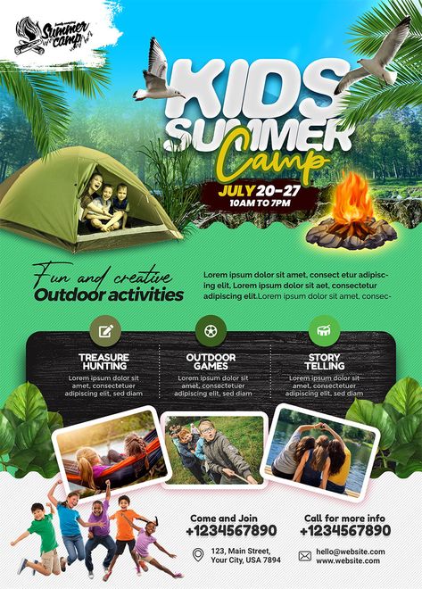 Attention all summer camp organizers and enthusiasts! We have the perfect solution for your promotional needs. Introducing our exclusive Free Kids Summer Camp Flyer PSD Template. Whether you’re organizing activities for Junior School events, Play Group activities, sports programs, school gatherings, family days, and community adventures. Camping Flyer Design, Summer Camp Ads, Camp Poster Ideas, Adventure Poster Design, Activities Poster Design, Summer Camp Poster Design, Summer Camp Flyer Design, Family Gathering Design, Sports Day Flyer