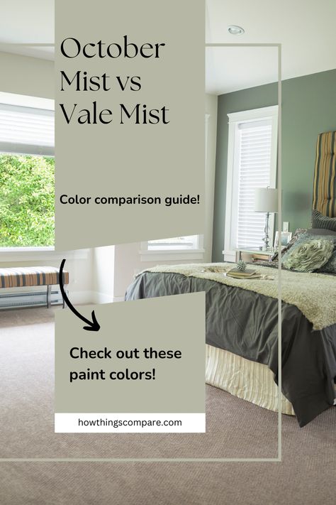 In this color comparison guide, you will learn about October Mist and Vale Mist paint colors including a side-by-side comparison. If you are considering a shade of green paint color, comparing the different tones with each other will help you make the right decision. Hex codes and RGB included! Bm October Mist Bedroom, Bm October Mist Living Room, October Mist Cabinets, Vale Mist Benjamin Moore, October Mist Bedroom, October Mist Kitchen Cabinets, October Mist Paint, Shade Of Green Color, October Mist