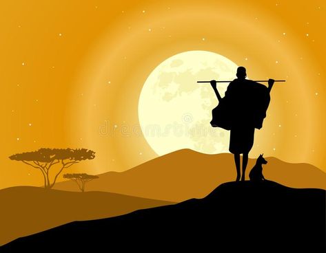 Africa landscape background. Hunter, animal silhouettes and moon rise. African savanna vector illustration Safari Illustration, Africa Silhouette, Africa Landscape, Landscape Silhouette, Africa Painting, African Savanna, Landscape Vector, Safari Art, Acrylic Art Projects