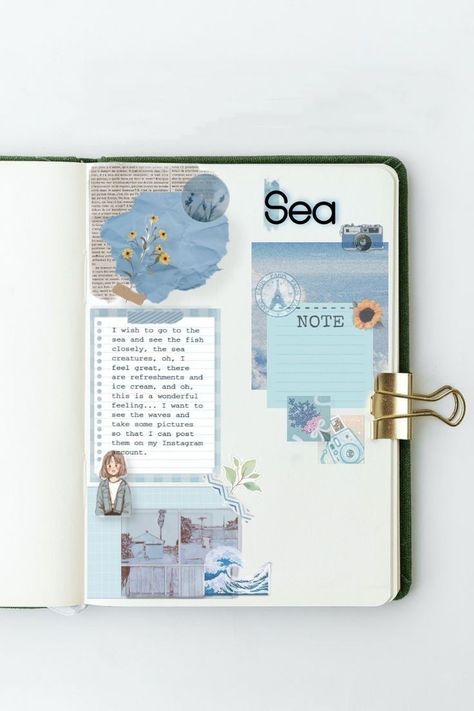 Blue Theme Scrapbook Ideas, Scrapbook Ideas Blue Theme, Sea Journal Ideas, Journaling Blue Theme, Blue Aesthetic Journal Ideas, Blue Theme Journal Ideas, Scrapbook Blue Theme, Pattern Paper For Journal, Journal Blue Theme