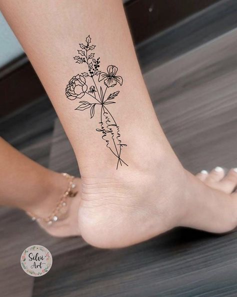 3 Birth Month Flowers Tattoo Design With Names Custom Line Art Bouquet Couple Family Personalized Gift - Etsy 3 Flowers Tattoo Small, 3 Birth Flower Tattoo, Birth Flower Tattoo With Name In Stem, Three Name Birth Flower Tattoo, Mom And Daughter Fine Line Tattoo, Ankle Birth Flower Tattoo, Birth Flower Tattoos For Kids, Kids Birth Month Flower Tattoo, 4 Name Birth Flower Tattoo