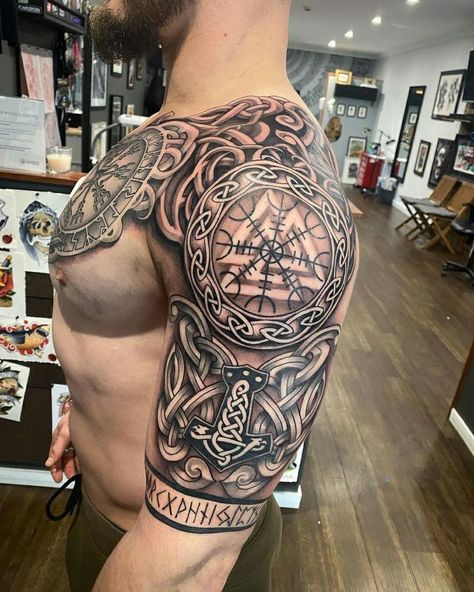 Nordic Tattoo Half Sleeve, Norse Celtic Tattoo, Viking Tattoo Half Sleeve, Celtic Tattoo Sleeve Men, Norwegian Tattoos Men, Man Half Sleeve Tattoo, Norse Shoulder Tattoo, Nordic Shoulder Tattoo, Celtic Chest Tattoo Men